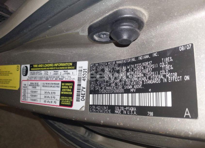Photo 9 of 2007 Toyota Sienna XLE (VIN 5TDZK22C07S099205)