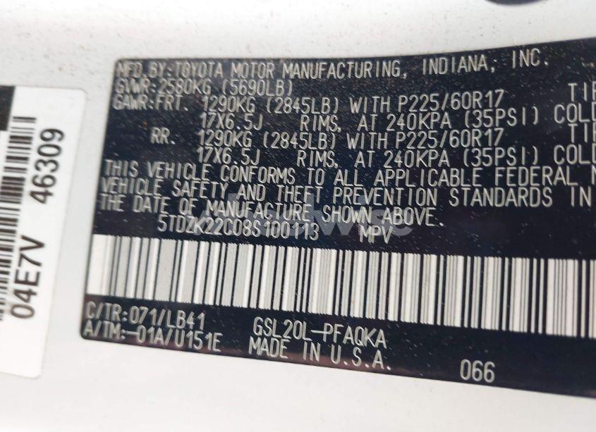 Photo 9 of 2008 Toyota Sienna XLE (VIN 5TDZK22C08S100113)