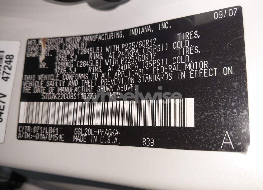 Photo 9 of 2008 Toyota Sienna XLE (VIN 5TDZK22C08S118773)