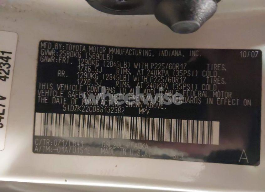 Photo 9 of 2008 Toyota Sienna XLE (VIN 5TDZK22C08S132382)