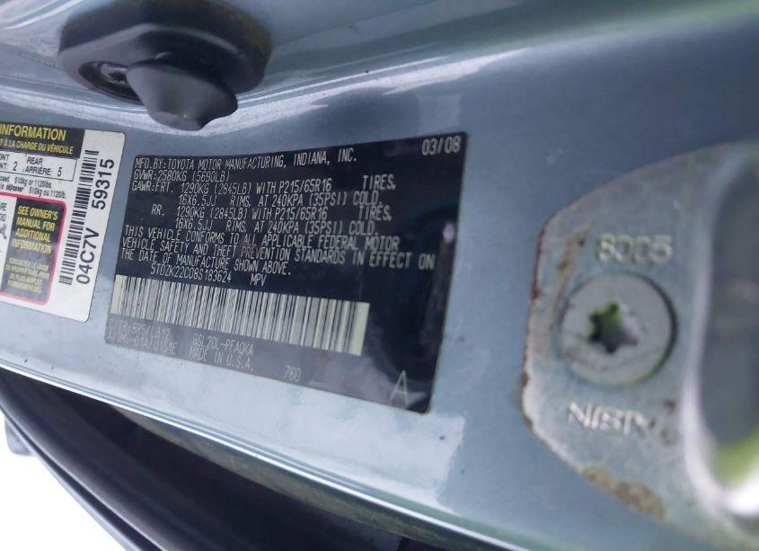 Photo 9 of 2008 Toyota Sienna XLE (VIN 5TDZK22C08S183624)