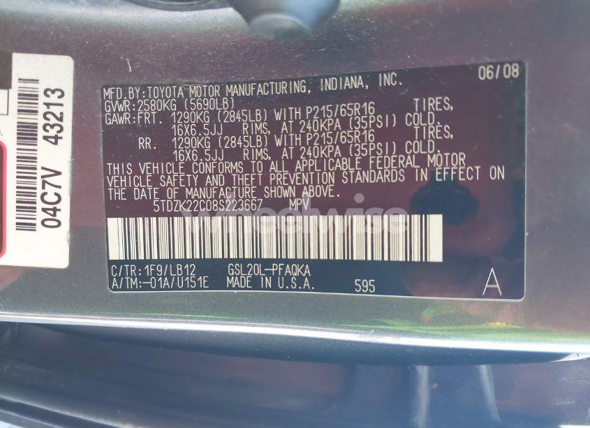 Photo 9 of 2008 Toyota Sienna XLE (VIN 5TDZK22C08S223667)