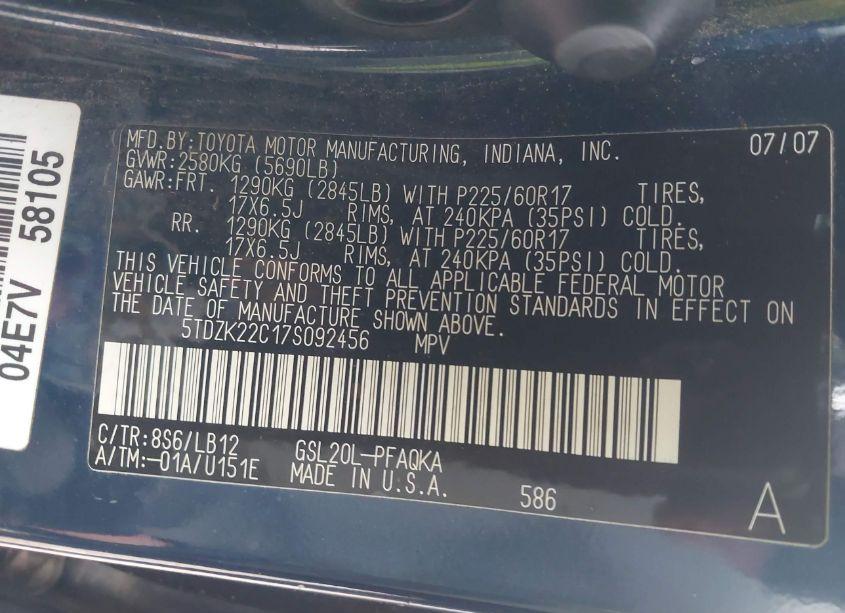 Photo 9 of 2007 Toyota Sienna XLE (VIN 5TDZK22C17S092456)