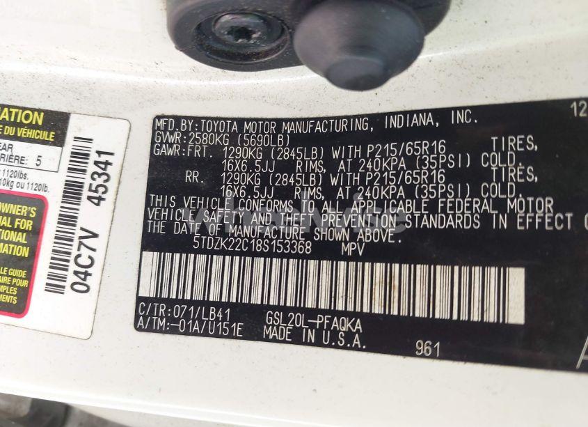 Photo 9 of 2008 Toyota Sienna XLE (VIN 5TDZK22C18S153368)