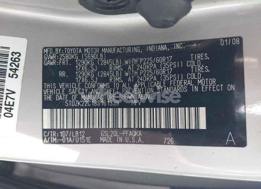 Photo 9 of 2008 Toyota Sienna LIMITED (VIN 5TDZK22C18S161339)
