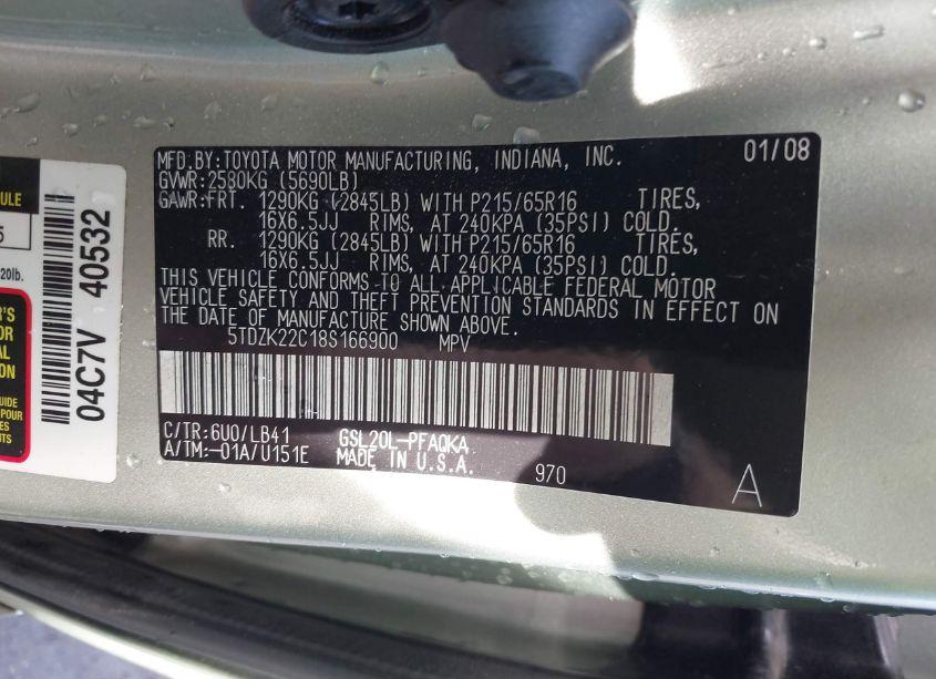 Photo 9 of 2008 Toyota Sienna XLE (VIN 5TDZK22C18S166900)