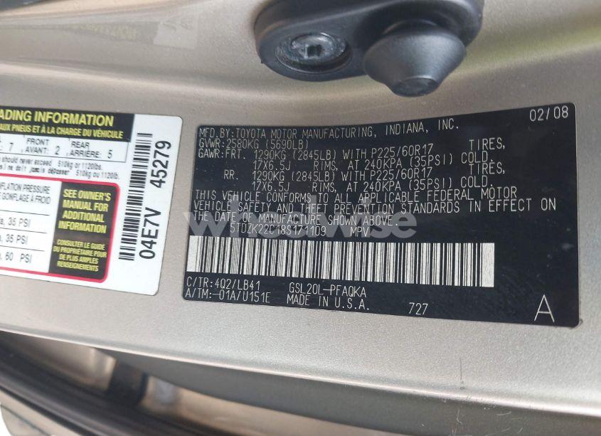 Photo 9 of 2008 Toyota Sienna XLE (VIN 5TDZK22C18S171109)