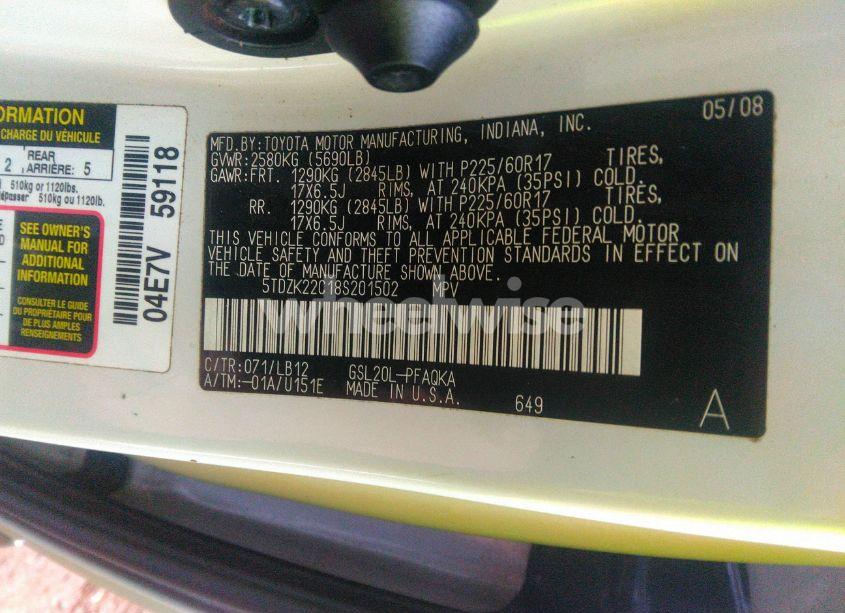 Photo 9 of 2008 Toyota Sienna LIMITED (VIN 5TDZK22C18S201502)