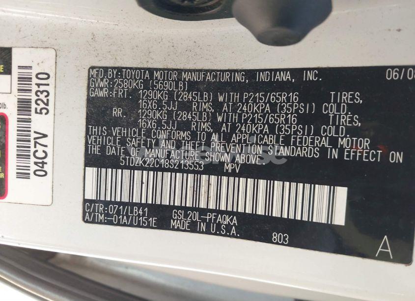 Photo 9 of 2008 Toyota Sienna XLE (VIN 5TDZK22C18S213553)