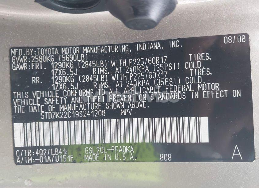 Photo 9 of 2009 Toyota Sienna XLE (VIN 5TDZK22C19S241208)