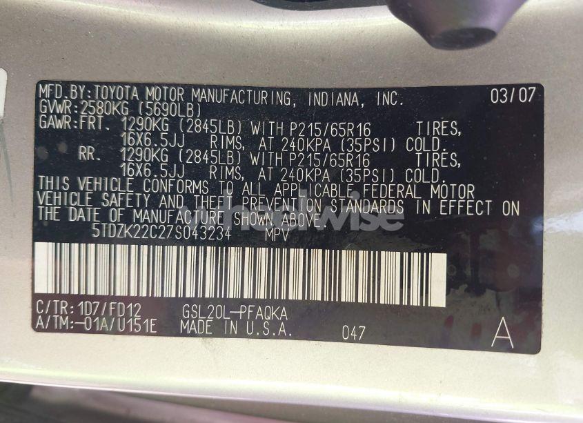 Photo 9 of 2007 Toyota Sienna XLE (VIN 5TDZK22C27S043234)