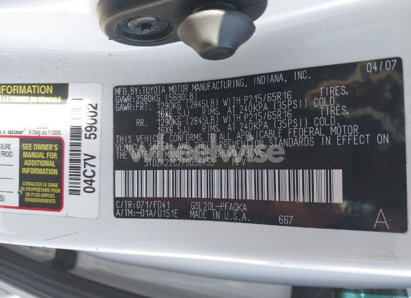 Photo 9 of 2007 Toyota Sienna XLE (VIN 5TDZK22C27S056453)