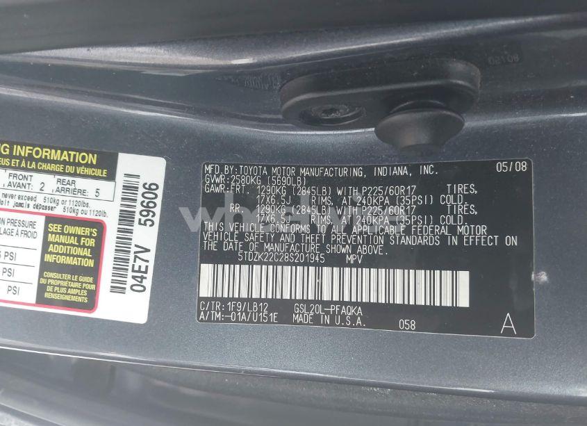 Photo 9 of 2008 Toyota Sienna XLE (VIN 5TDZK22C28S201945)