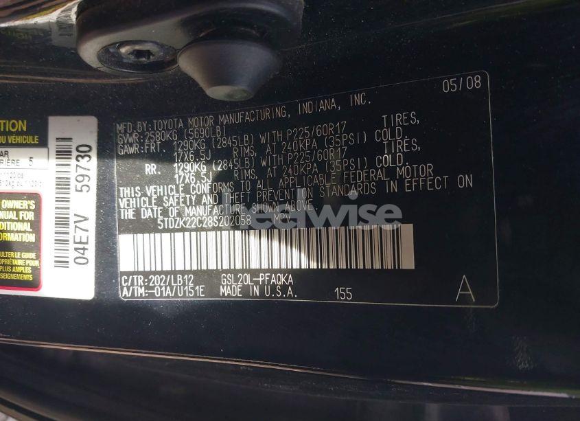Photo 9 of 2008 Toyota Sienna XLE (VIN 5TDZK22C28S202058)