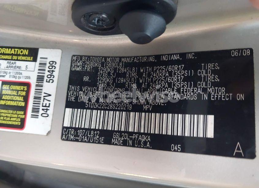 Photo 9 of 2008 Toyota Sienna LIMITED (VIN 5TDZK22C28S220219)