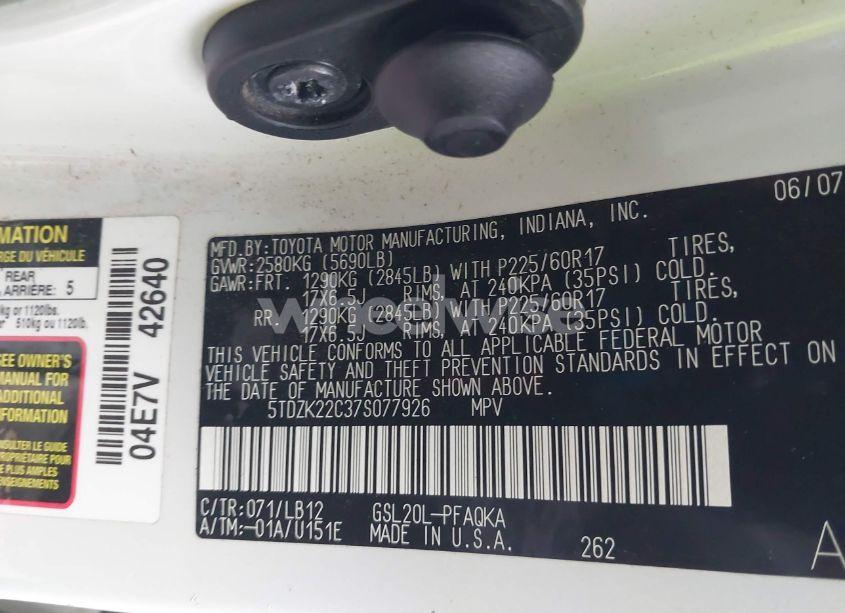 Photo 9 of 2007 Toyota Sienna XLE LIMITED (VIN 5TDZK22C37S077926)