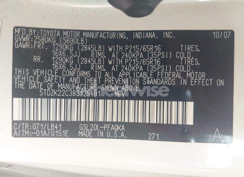 Photo 9 of 2008 Toyota Sienna XLE (VIN 5TDZK22C38S125491)