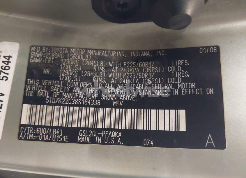 Photo 9 of 2008 Toyota Sienna XLE (VIN 5TDZK22C38S164338)