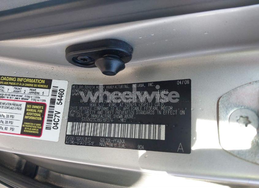 Photo 9 of 2008 Toyota Sienna XLE (VIN 5TDZK22C38S197274)