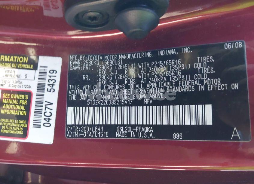 Photo 9 of 2008 Toyota Sienna XLE (VIN 5TDZK22C38S215417)