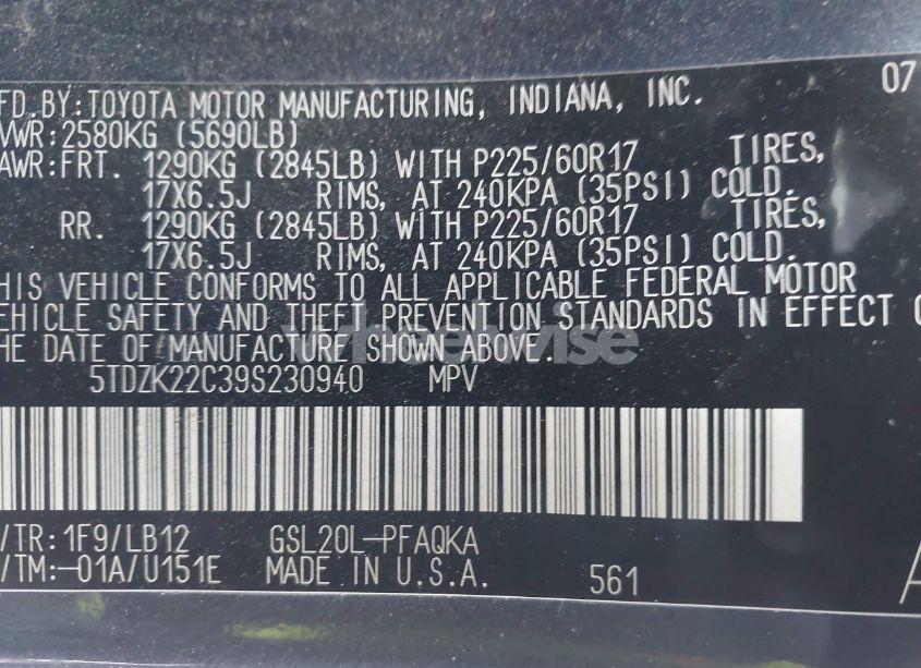 Photo 8 of 2009 Toyota Sienna XLE (VIN 5TDZK22C39S230940)