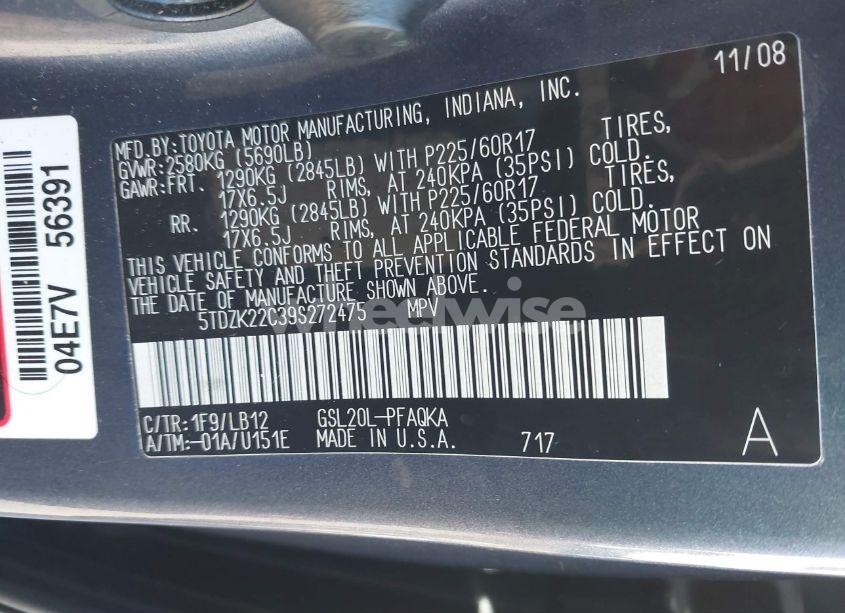 Photo 9 of 2009 Toyota Sienna LIMITED (VIN 5TDZK22C39S272475)