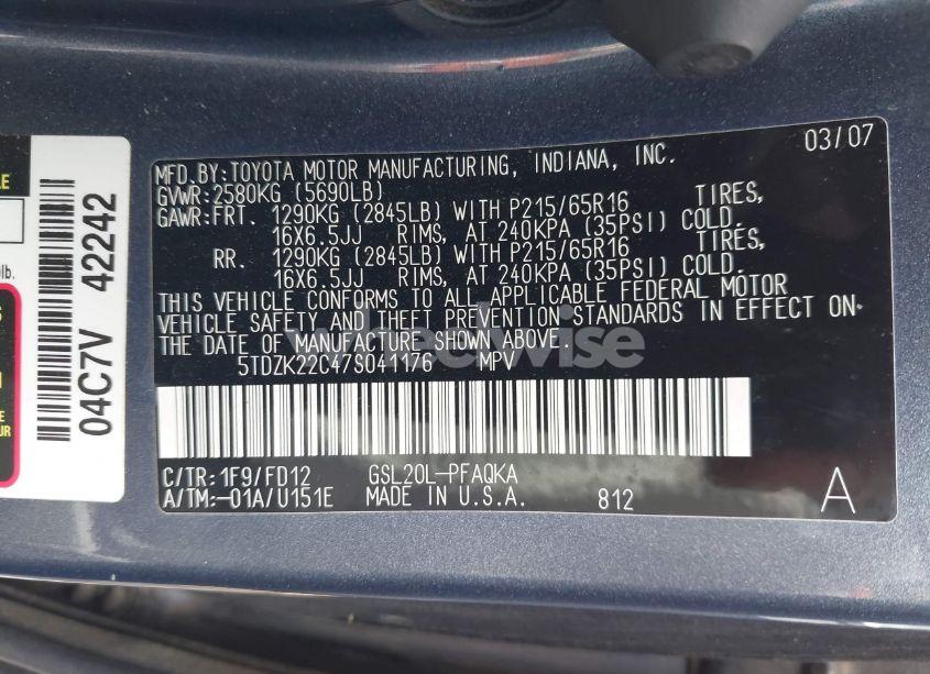 Photo 9 of 2007 Toyota Sienna XLE (VIN 5TDZK22C47S041176)