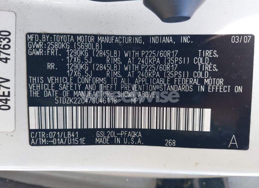 Photo 9 of 2007 Toyota Sienna XLE (VIN 5TDZK22C47S046118)