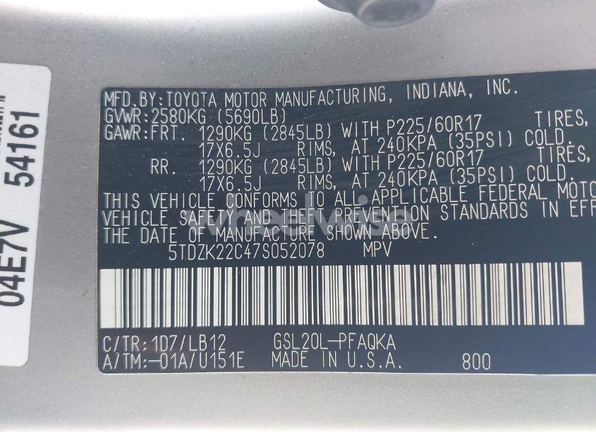 Photo 9 of 2007 Toyota Sienna XLE/XLE LIMITED (VIN 5TDZK22C47S052078)