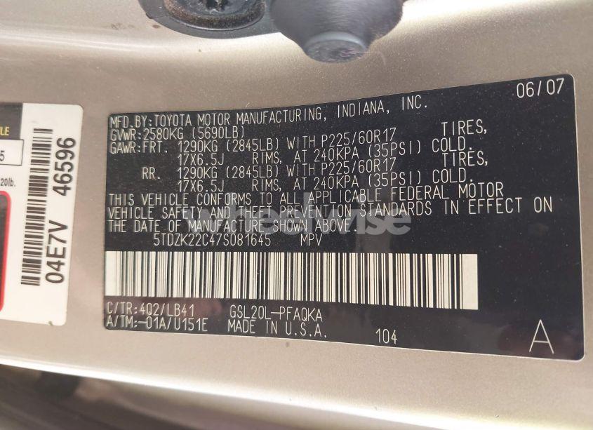 Photo 9 of 2007 Toyota Sienna XLE (VIN 5TDZK22C47S081645)