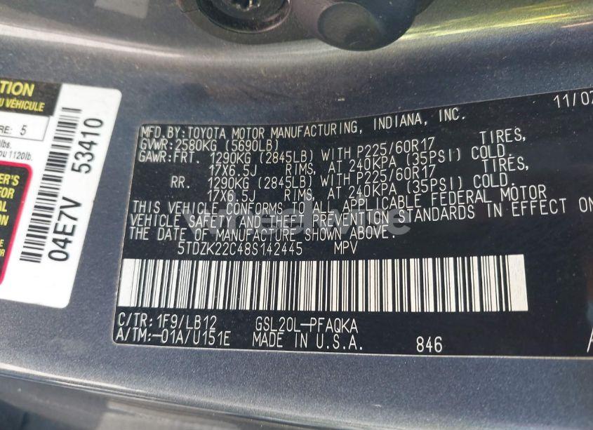 Photo 9 of 2008 Toyota Sienna XLE (VIN 5TDZK22C48S142445)