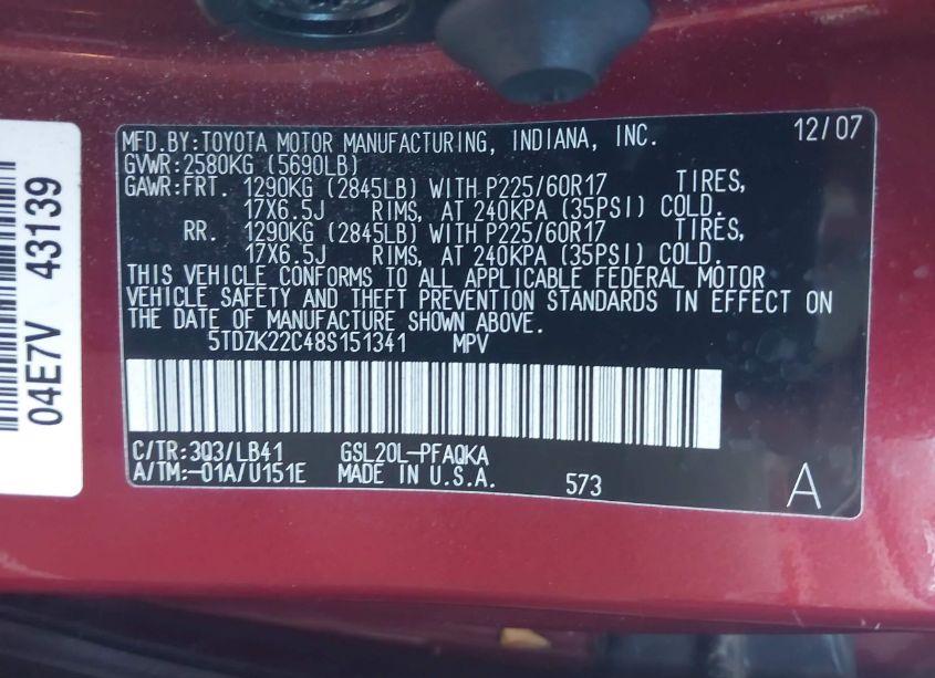 Photo 9 of 2008 Toyota Sienna XLE (VIN 5TDZK22C48S151341)