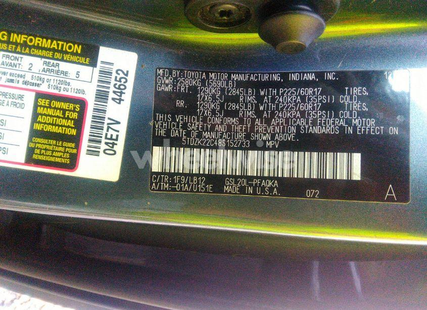 Photo 9 of 2008 Toyota Sienna XLE (VIN 5TDZK22C48S152733)