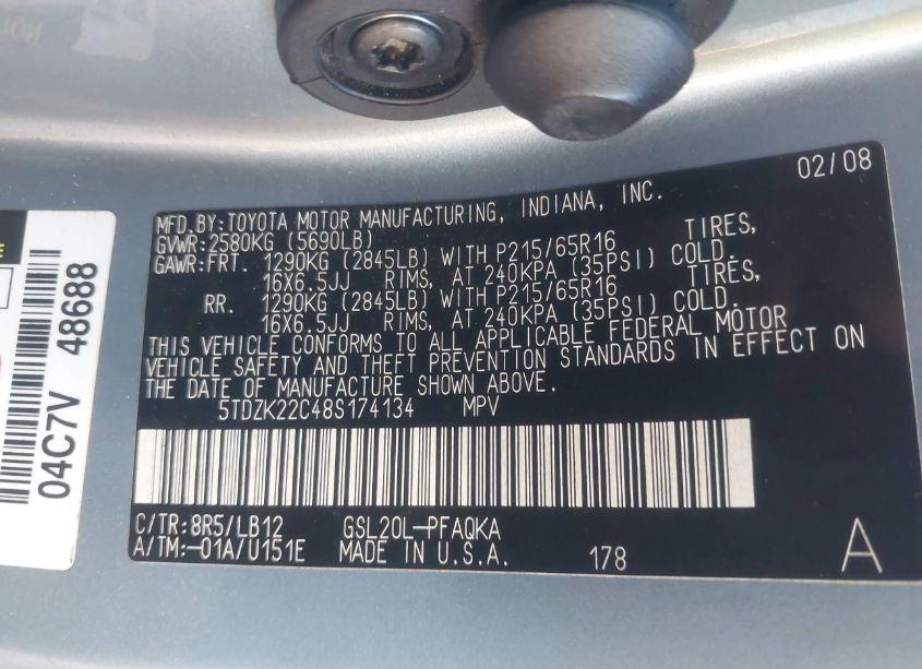 Photo 9 of 2008 Toyota Sienna XLE (VIN 5TDZK22C48S174134)