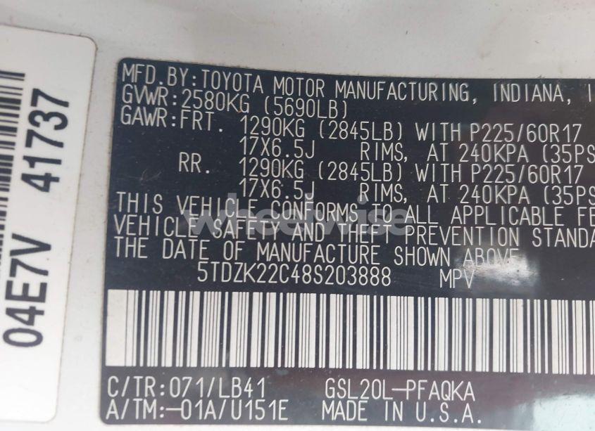 Photo 9 of 2008 Toyota Sienna LIMITED/XLE (VIN 5TDZK22C48S203888)