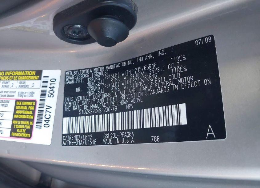 Photo 9 of 2009 Toyota Sienna XLE (VIN 5TDZK22C49S230249)
