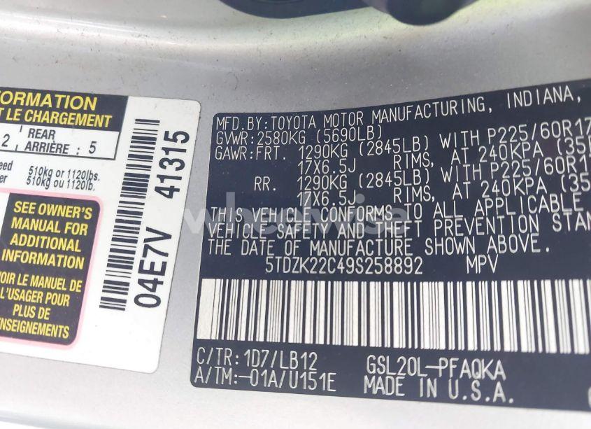 Photo 9 of 2009 Toyota Sienna XLE (VIN 5TDZK22C49S258892)