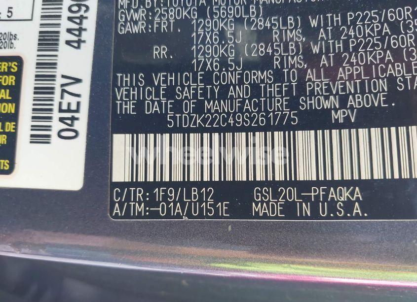 Photo 9 of 2009 Toyota Sienna LIMITED (VIN 5TDZK22C49S261775)