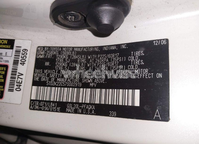 Photo 9 of 2007 Toyota Sienna XLE/XLE LIMITED (VIN 5TDZK22C57S002919)