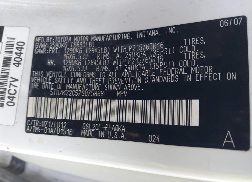 Photo 9 of 2007 Toyota Sienna XLE (VIN 5TDZK22C57S075868)