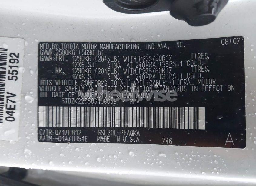 Photo 9 of 2008 Toyota Sienna LIMITED (VIN 5TDZK22C58S108059)