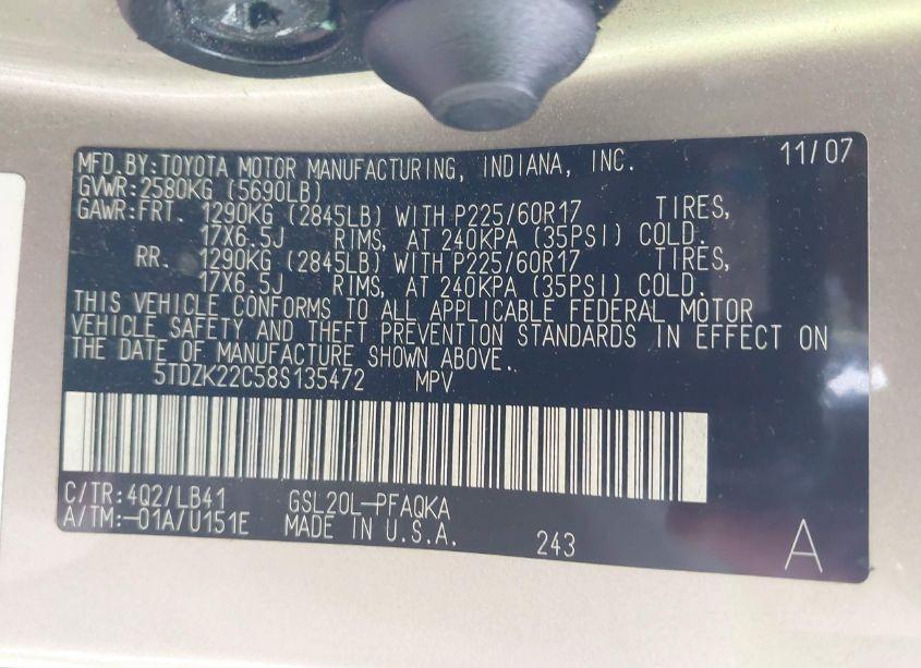 Photo 9 of 2008 Toyota Sienna LIMITED (VIN 5TDZK22C58S135472)