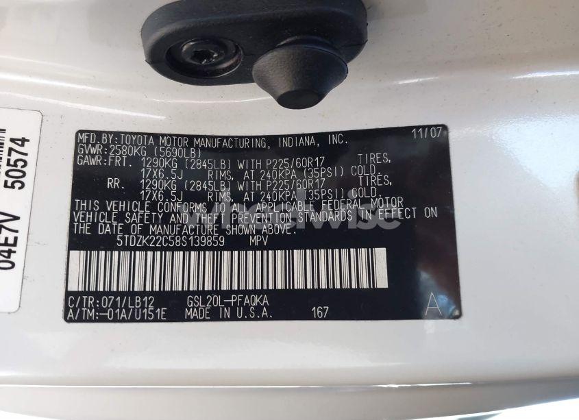 Photo 9 of 2008 Toyota Sienna XLE (VIN 5TDZK22C58S139859)