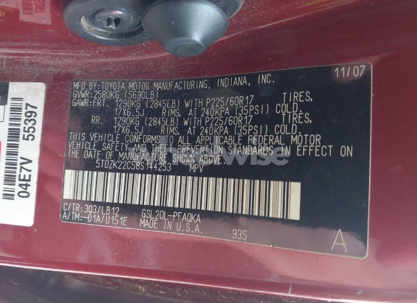 Photo 9 of 2008 Toyota Sienna LIMITED (VIN 5TDZK22C58S144253)