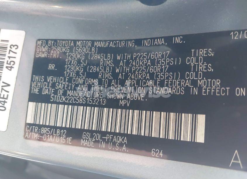 Photo 9 of 2008 Toyota Sienna LIMITED (VIN 5TDZK22C58S153213)