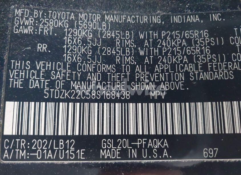 Photo 9 of 2008 Toyota Sienna XLE (VIN 5TDZK22C58S168438)