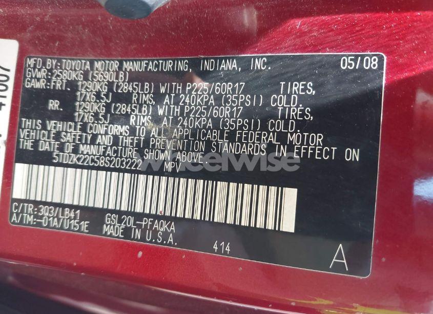 Photo 9 of 2008 Toyota Sienna LIMITED/XLE (VIN 5TDZK22C58S203222)