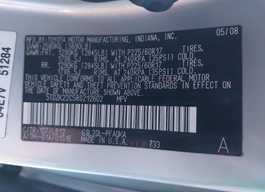 Photo 9 of 2008 Toyota Sienna LIMITED (VIN 5TDZK22C58S212602)