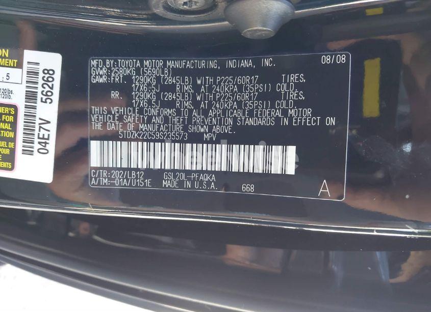 Photo 9 of 2009 Toyota Sienna XLE (VIN 5TDZK22C59S235573)