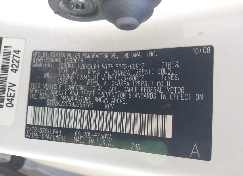 Photo 9 of 2009 Toyota Sienna XLE (VIN 5TDZK22C59S259761)